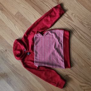 Kapital K shawl collar sweater, red w/white stripes, gray elbow patches, boys 5
